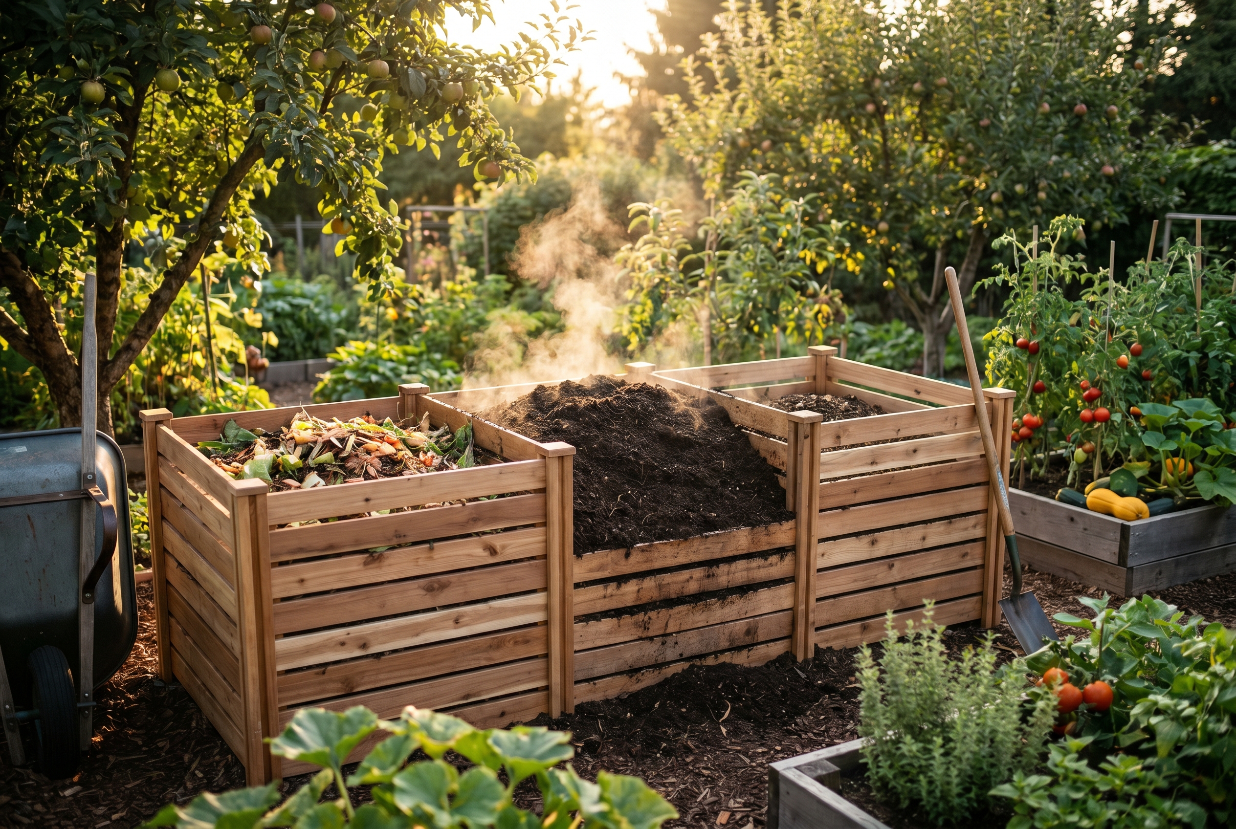 A three-bin wooden compost system in a backyard garden at golden hour