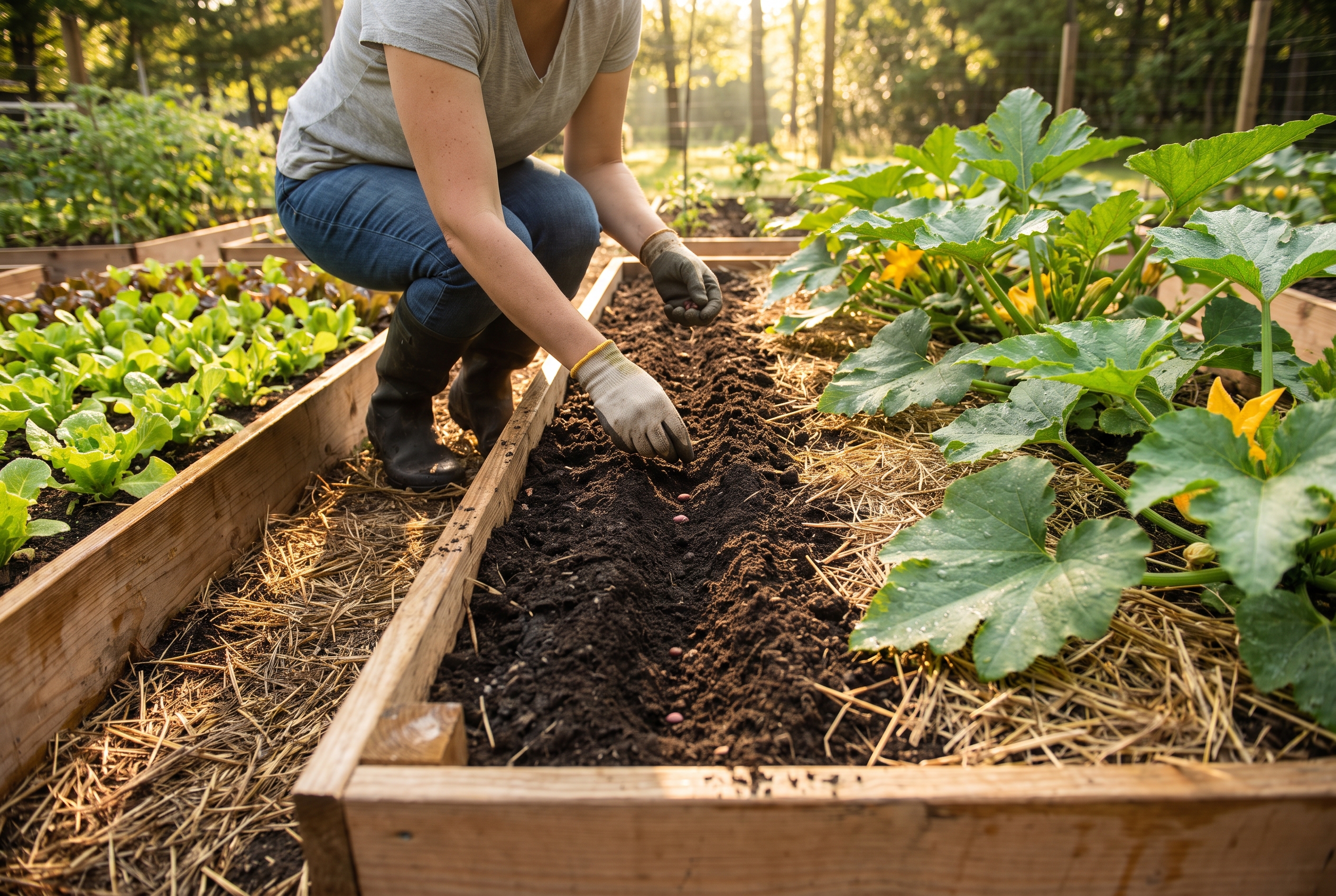 Gardener sowing bush bean seeds into a cleared raised bed beside young lettuce and squash