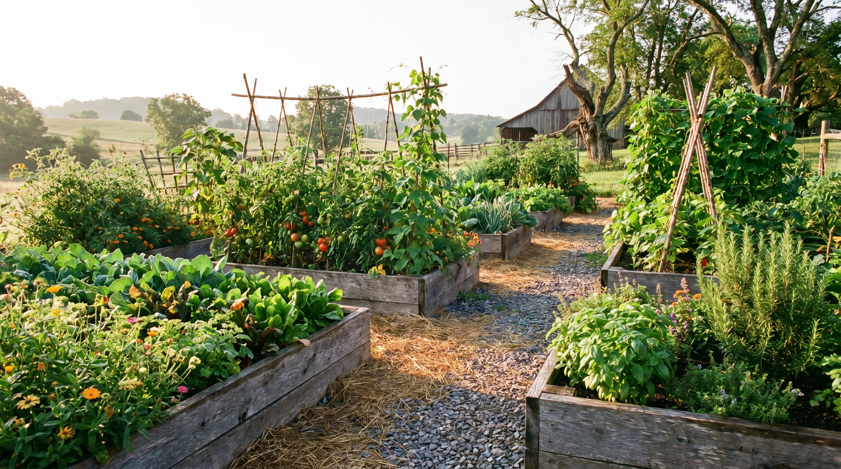A backyard vegetable garden with raised beds in full summer growth