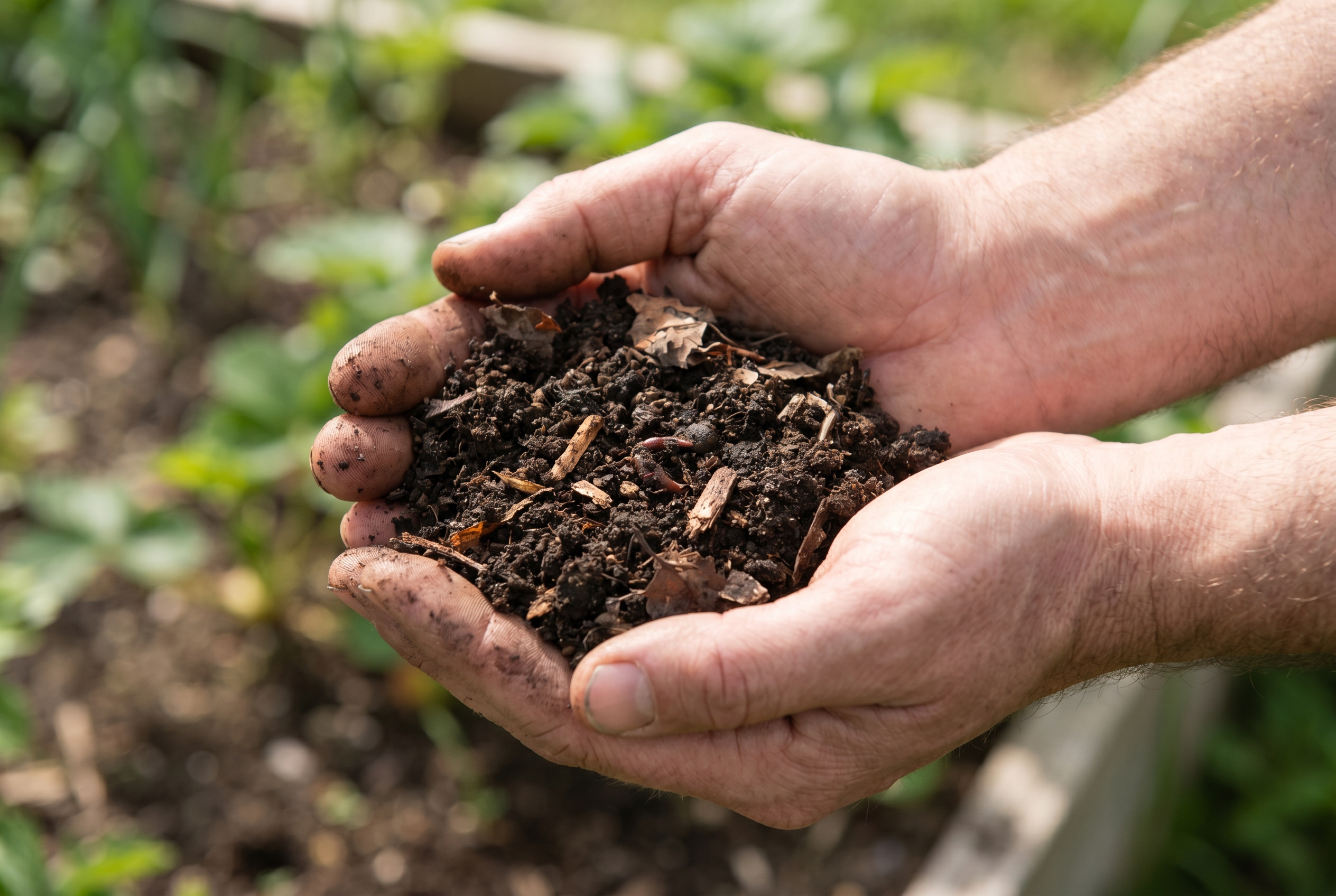 A handful of dark crumbly garden soil held in two open hands