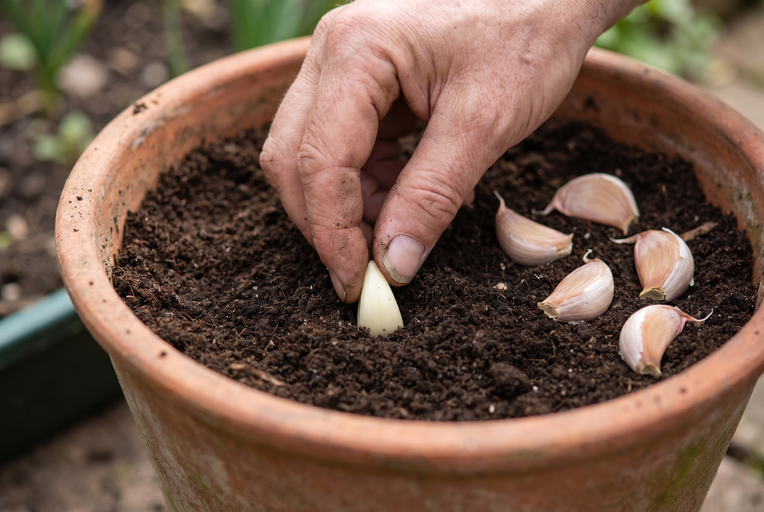 A hand planting a garlic clove pointy side up in a container of soil