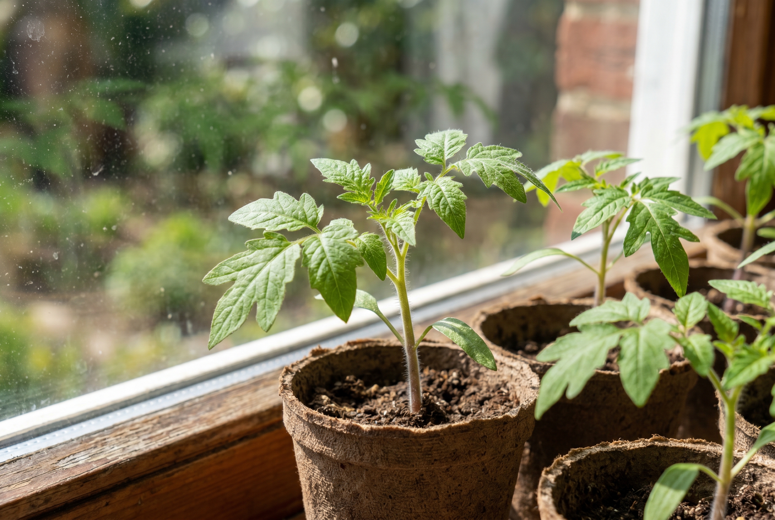 Tomato seedlings in small starter pots under a window