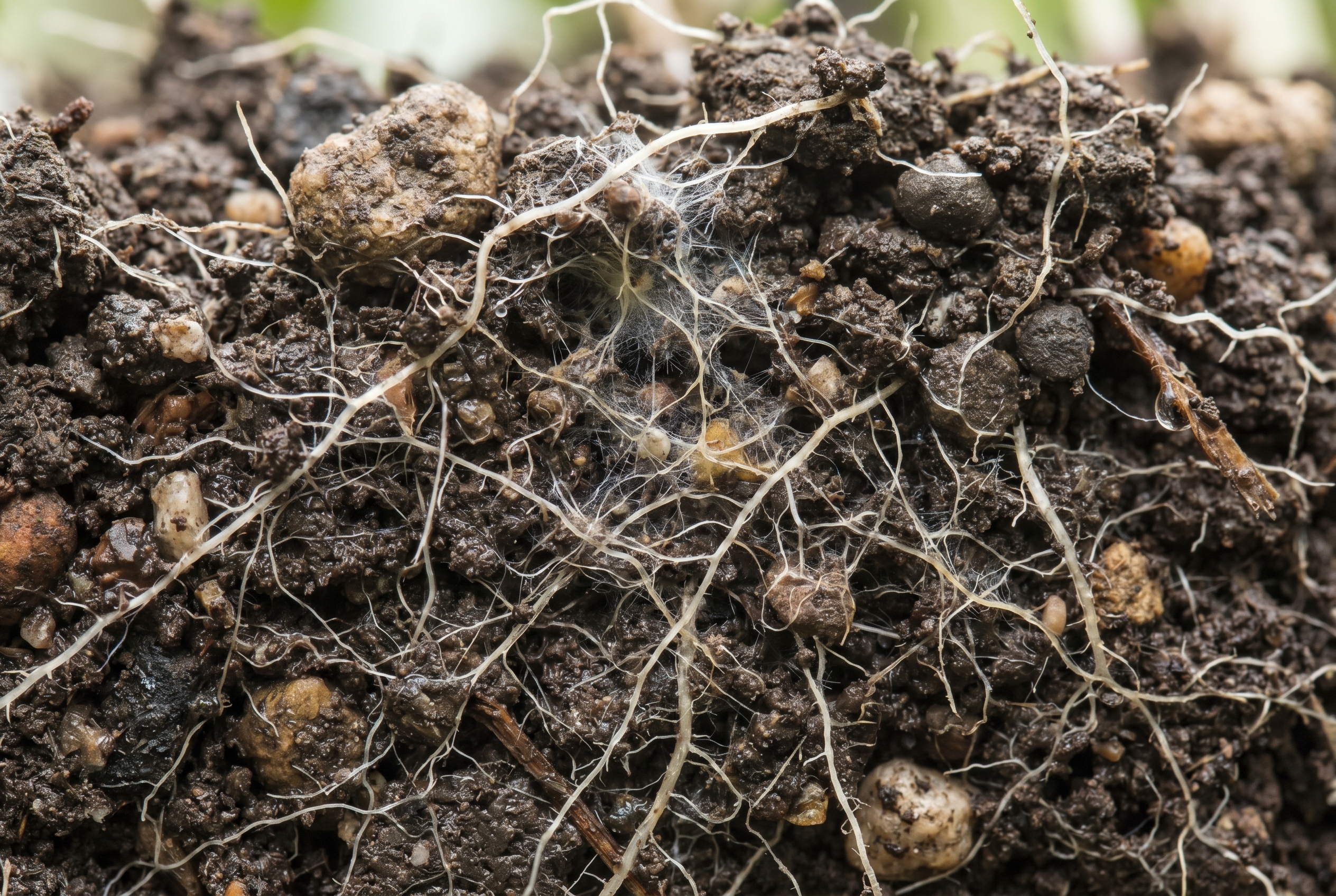 Illustration of an underground fungal root network feeding plants